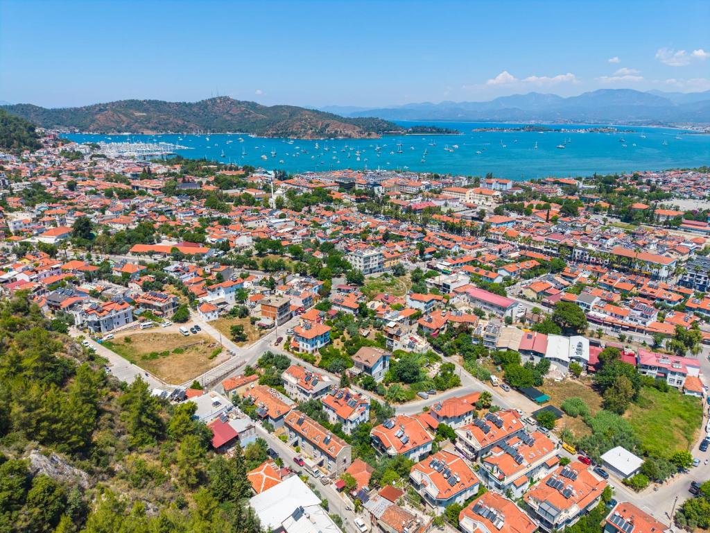 an aerial view of a city and the ocean at NEV Fethiye in Fethiye