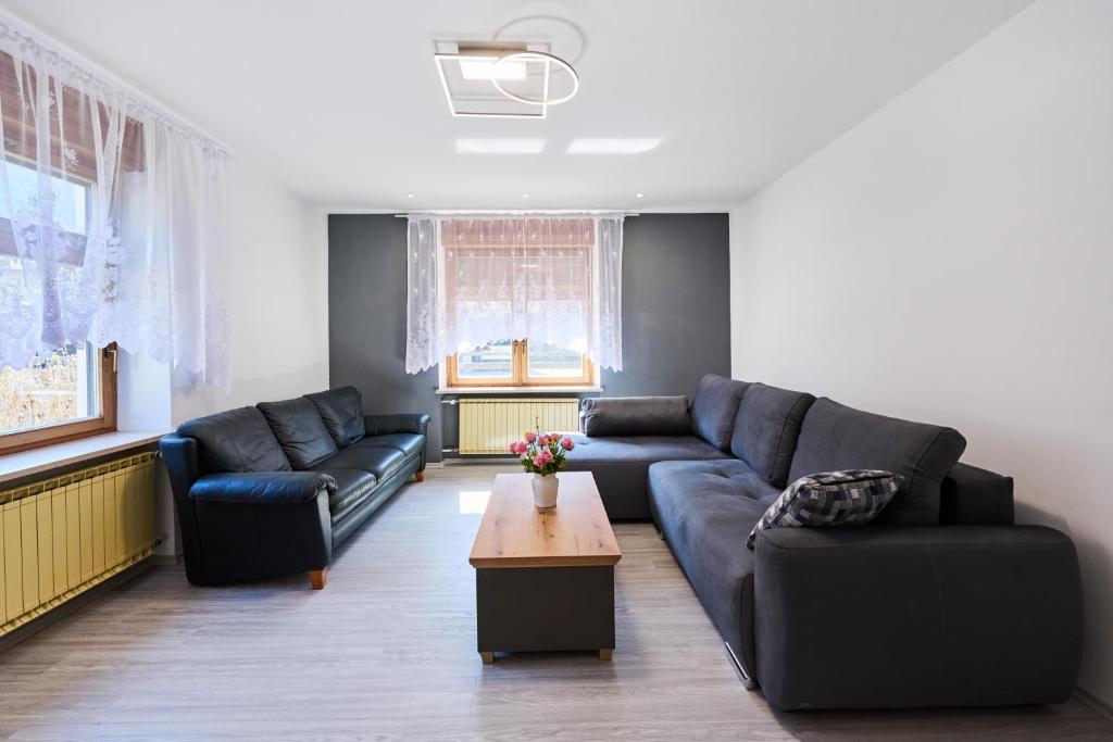 a living room with two couches and a coffee table at Luče Holiday Apartment in Luče
