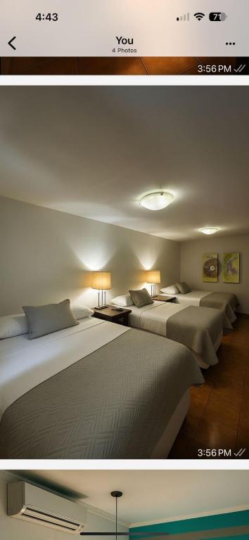 two pictures of a hotel room with two beds at Hotel Verona in San Pedro Sula