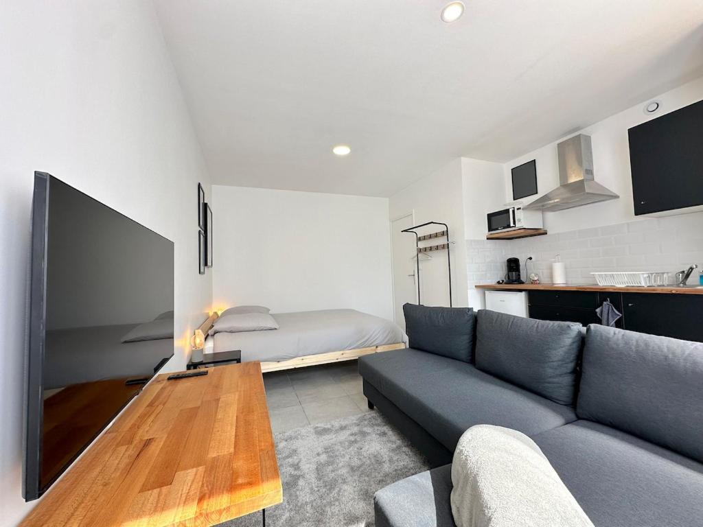 a living room with a couch and a bed at Charmant studio in Plailly