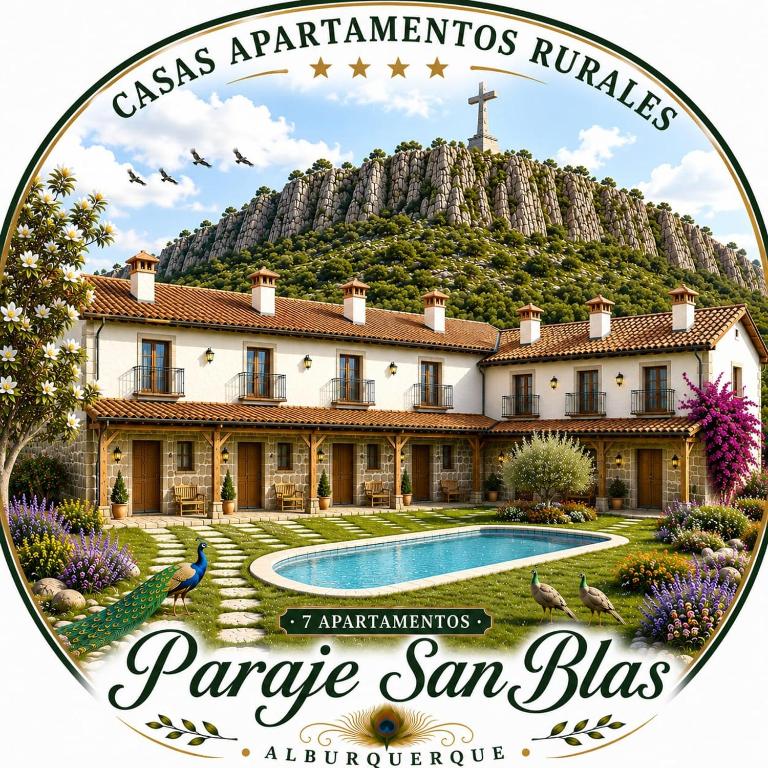 a picture of a house with a mountain in the background at Apartamentos Casas Rurales "Paraje San Blas" TR-BA-00166 in Alburquerque