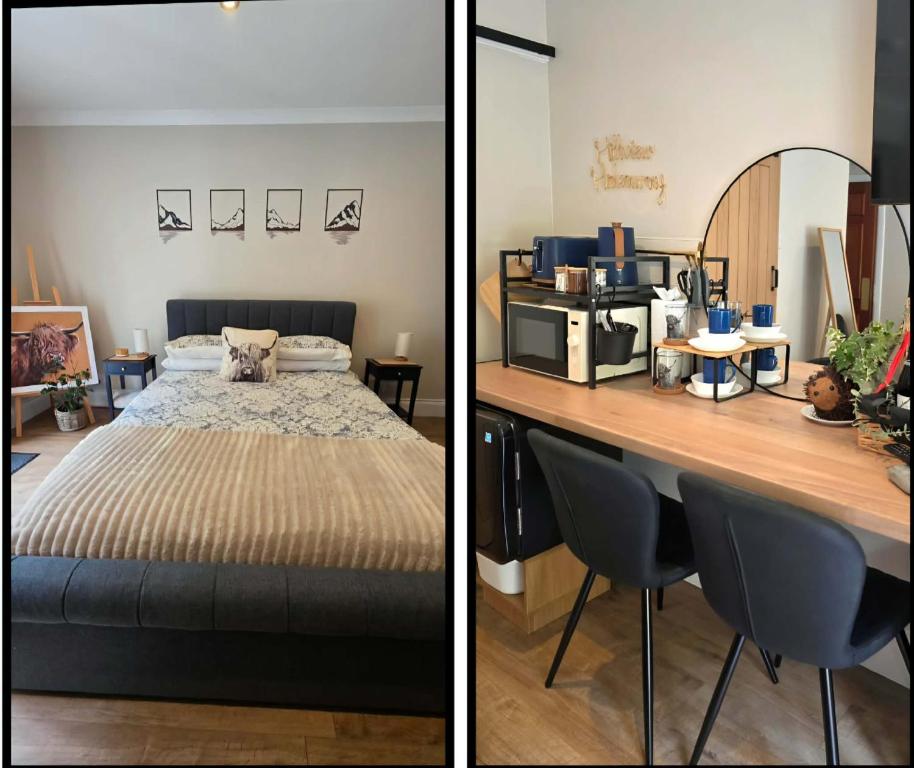 two pictures of a bedroom with a bed and a desk at The Hideaway Guest suite in Fort William