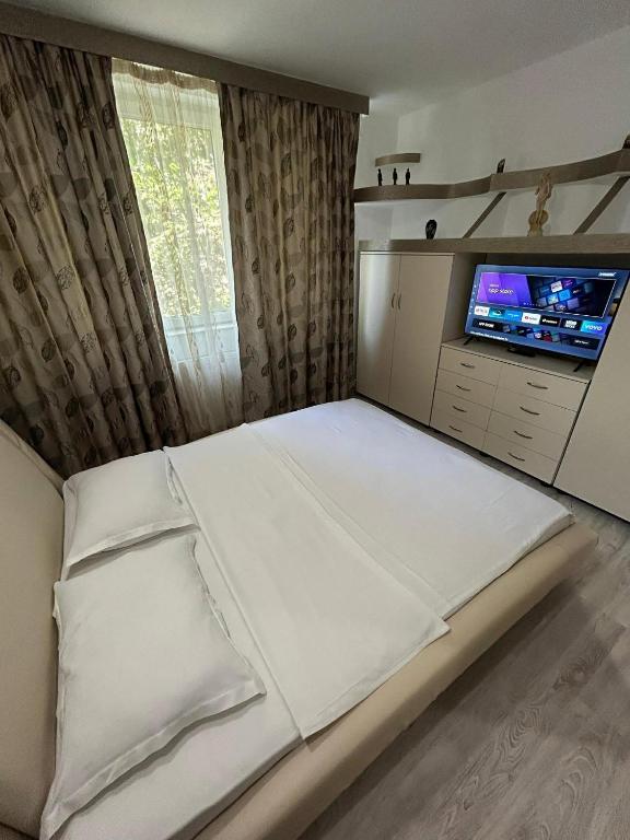a bedroom with a large bed and a flat screen tv at Apartament The Infinity Nest in Târgu Jiu
