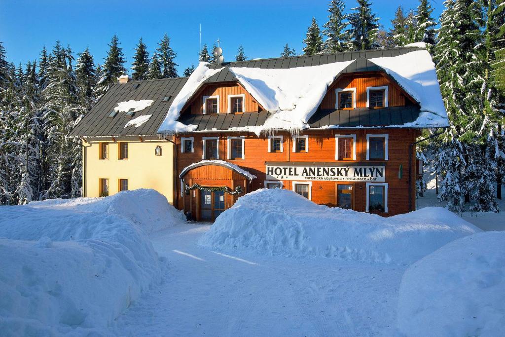 リッキーにあるHotel Anenský mlýnの積雪のホテル