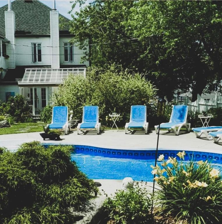 a group of blue chairs sitting next to a pool at Auberge Incroyable in Saint Adrien