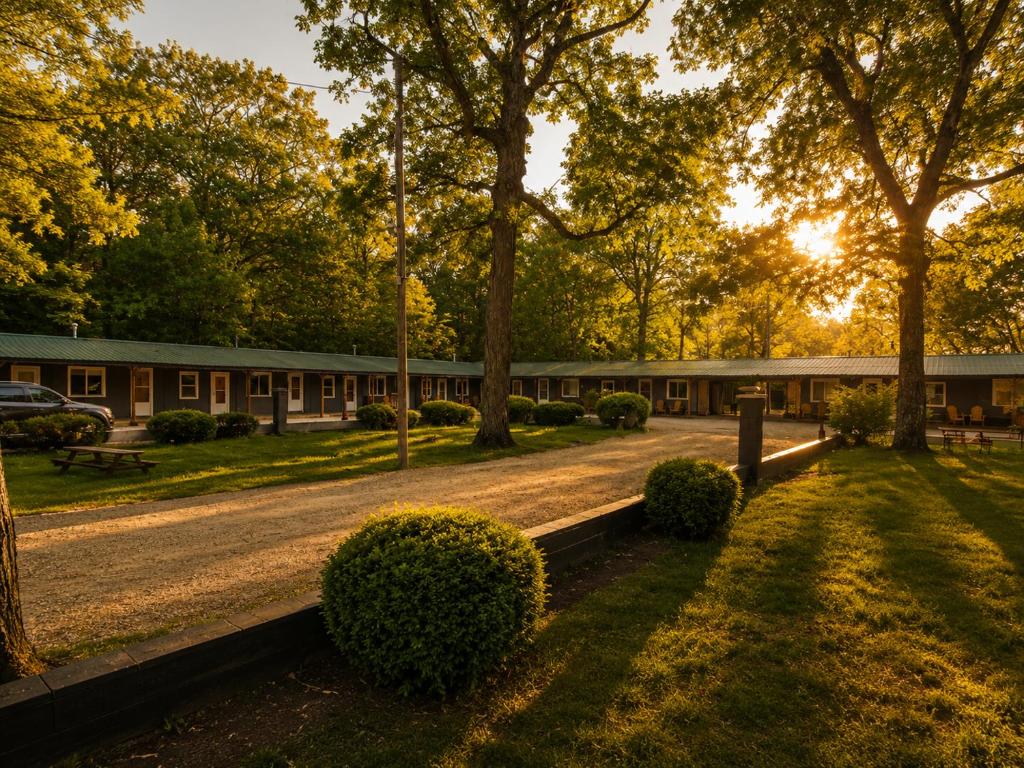 a building with trees and a dirt road at Lakeside Heritage Resort in Carp Lake