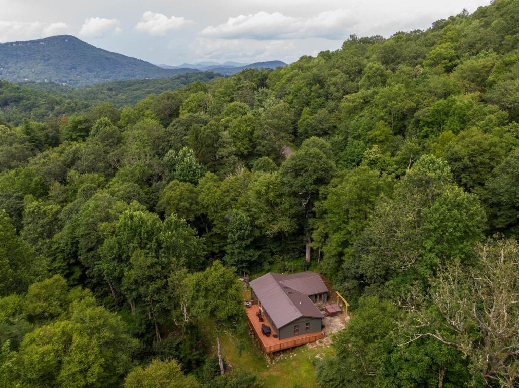 an aerial view of a house in the middle of a forest at Snaggys Retreat in Boone