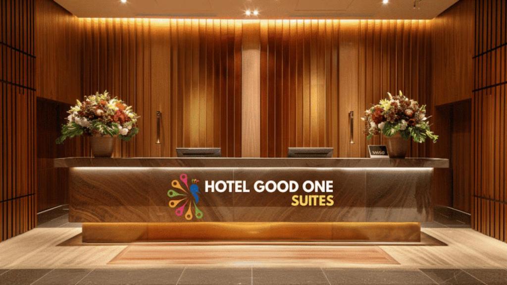 a hotel lobby with a hotel good one suites sign at Good One Suites Near Manyata Tech Park in Bangalore