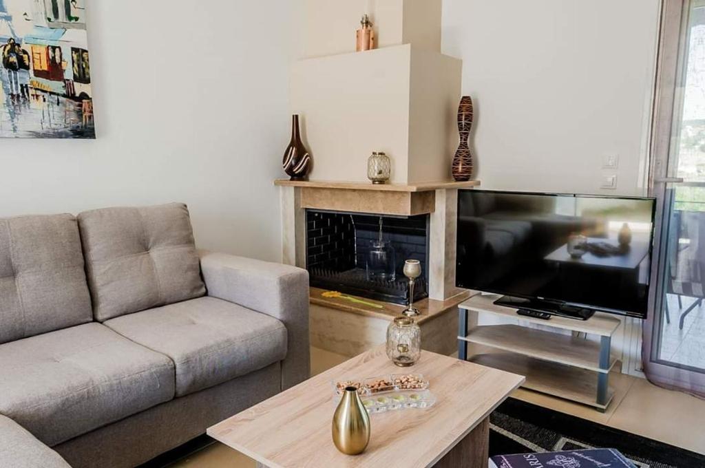 a living room with a couch and a flat screen tv at Paliouri Villas in Paliouri
