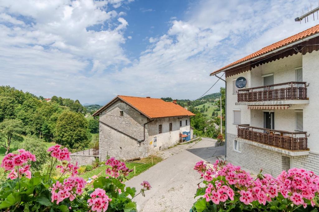 The house balcony framed by pink geraniums, looking across to a neighbouring stone barn