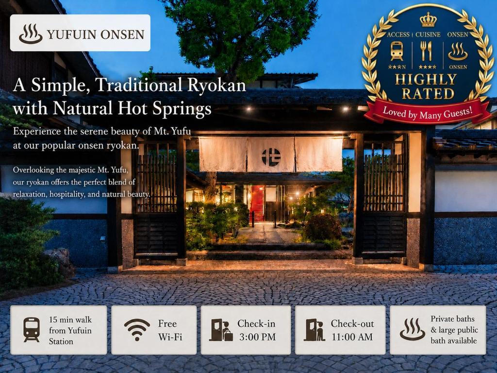 a sign for a hotel with natural hot springs at Yawaragi-no-Sato Yadoya in Yufu