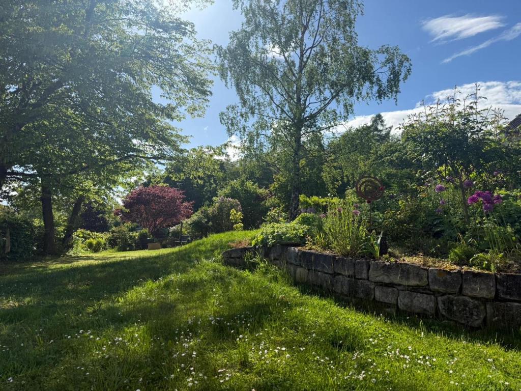 a garden with a stone wall and flowers at Gästehaus Natur in Vöhl
