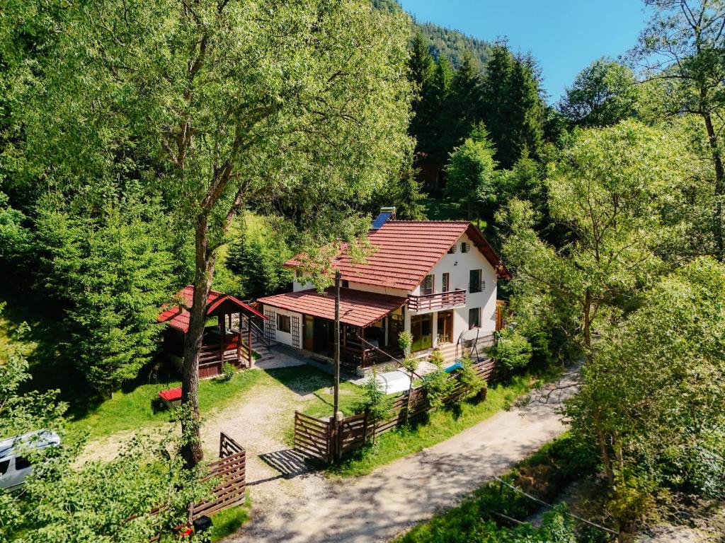 an aerial view of a house in the woods at Casa Maia Dambovicioara in Dâmbovicioara