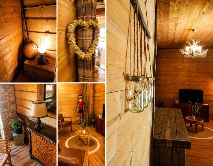 a collage of pictures of a wooden room with a table at Cabane Des Boiseries in Esnans