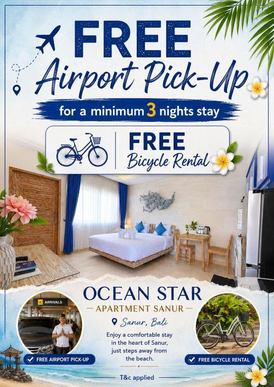 a flyer for a free airport pick up for a minimum nights stay at Ocean Star Apartment Sanur in Sanur