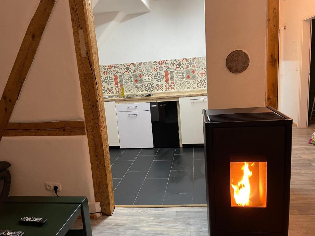 a kitchen with a fireplace in the middle of a room at Waldblick in Neresheim