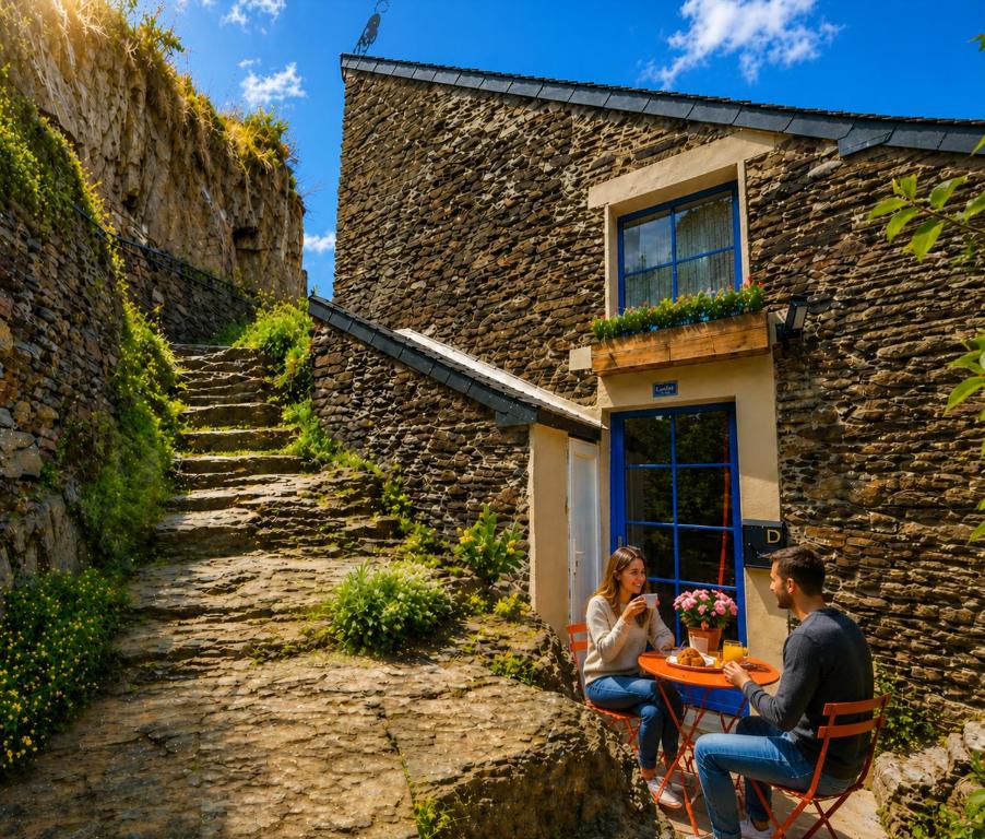 a man and woman sitting at a table outside of a building at MRODBNB - Maisonnette Atypique enfouie dans la Roche - Gr34, Plage, Resto & Huîtres à 25m in Cancale
