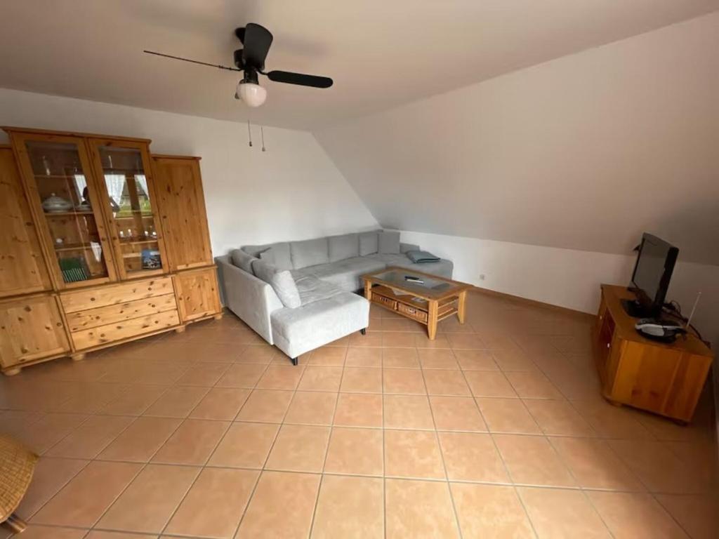 a living room with a couch and a tv at Ferienwohnung Ahrtalfreude in Sinzig