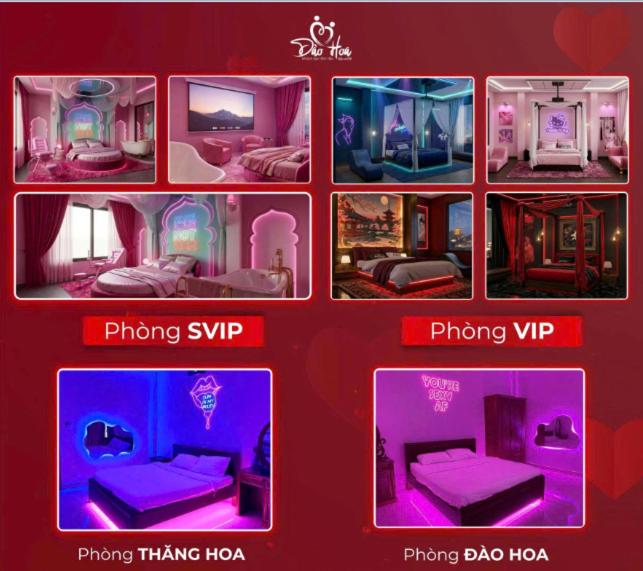 a collage of different pictures of a bedroom at Đào Hoa Love Hotel Đà Lạt in Da Lat