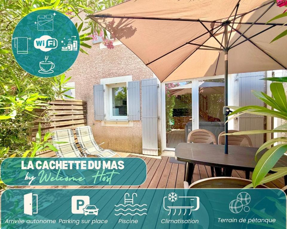 a sign for a restaurant with a table and an umbrella at La cachette du Mas, 4 pers Piscine à Calvisson in Calvisson