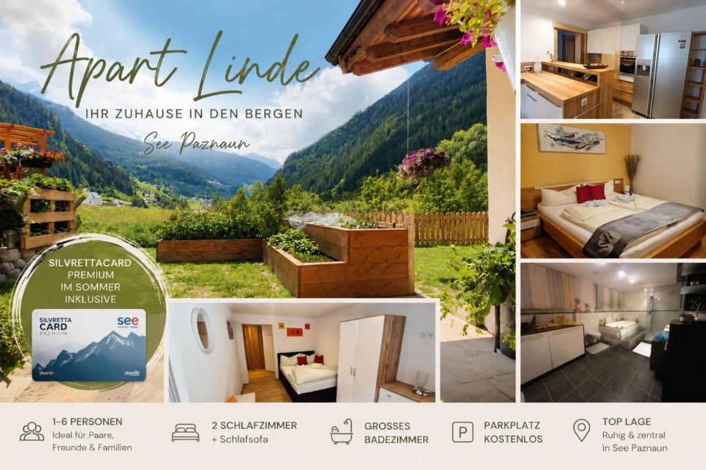 a collage of pictures of a hotel room with a view at Apart Linde inkl Silvretta Card in See