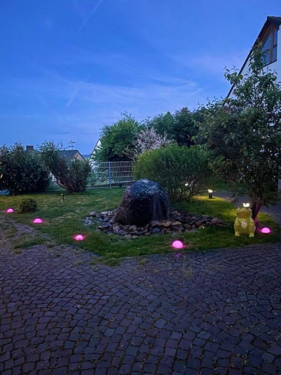 a garden with pink lights in the grass at Gästewohnung Pohlheim Grüningen in Pohlheim