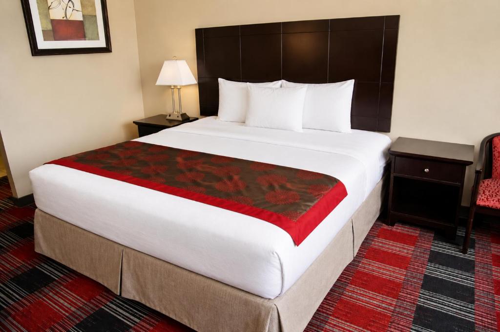 a hotel room with a large bed with a red blanket at Central Albany Room with Breakfast & view in Albany