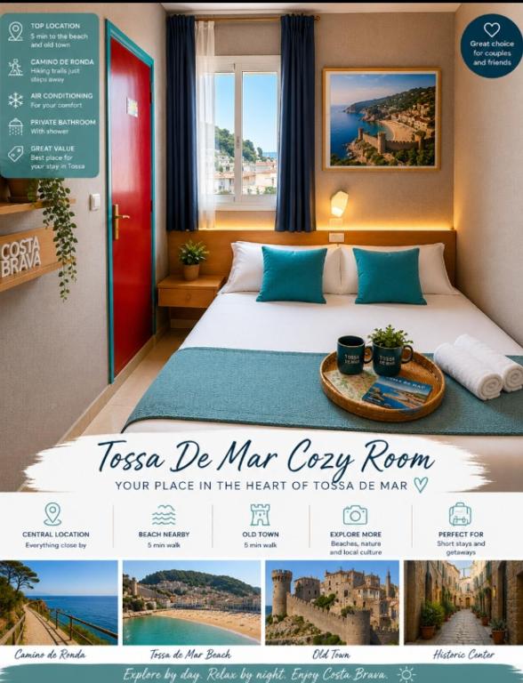 a flyer for a hotel room with a bed and a sign at St Jordi Hagdigadar Tossa in Tossa de Mar