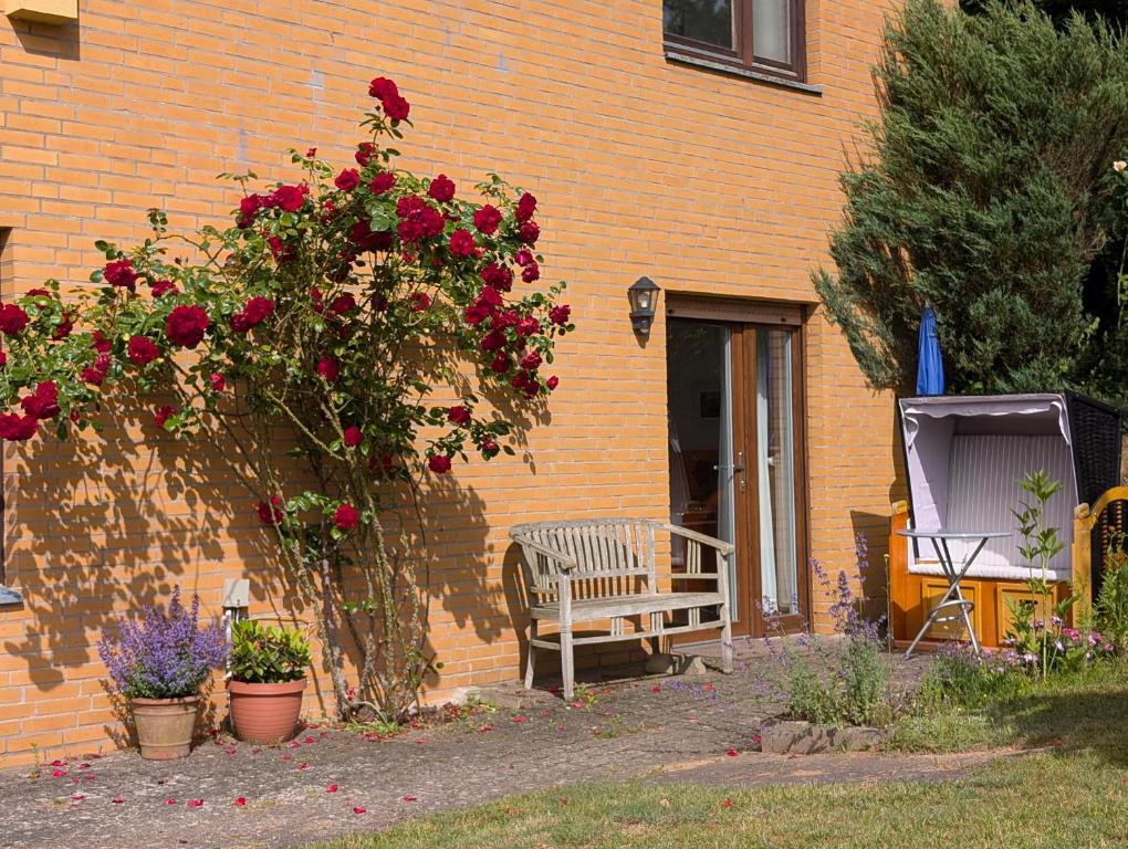 a bench in front of a brick building with roses at Ferienwohnung am Waldrand, Hitzacker in Hitzacker