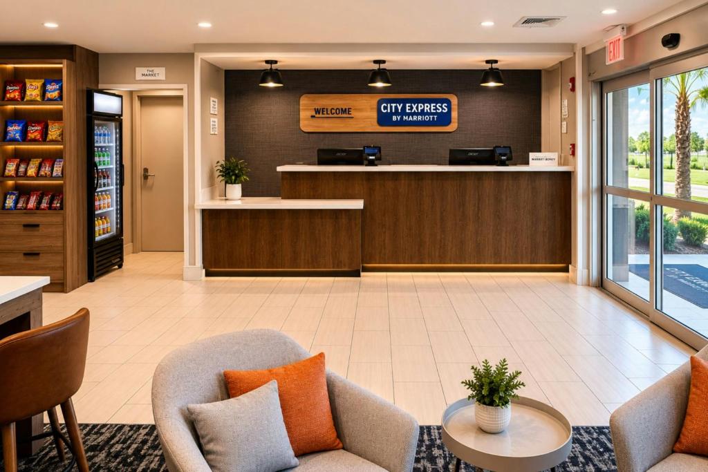 a lobby of a hotel with a bar at City Express by Marriott Lafayette in Lafayette