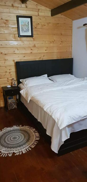 a bedroom with a large bed and a wooden wall at Casuta lui Andrei in Brezoi