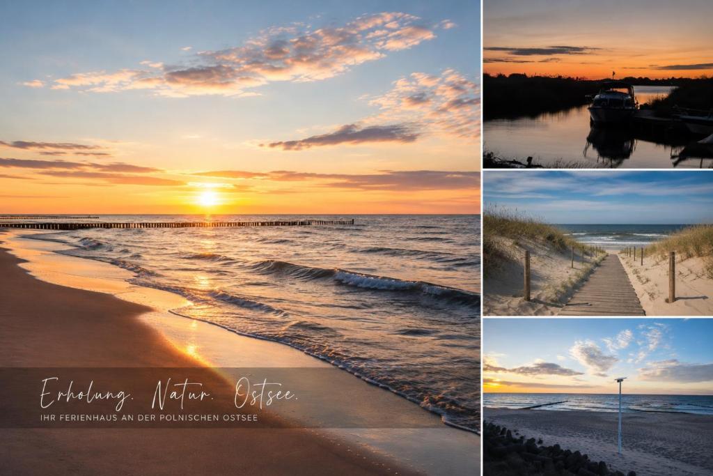 a collage of photos of the beach at sunset at NicePlace4You Familien-Ferienhäuser an der polnischen Ostsee mit Pool in Dobiesławiec