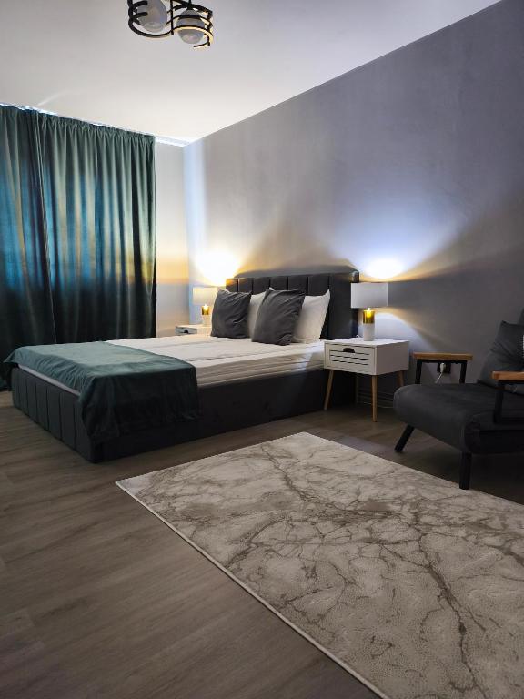 a bedroom with a king sized bed and a couch at Lyra Apartment 2 in Sfântu-Gheorghe