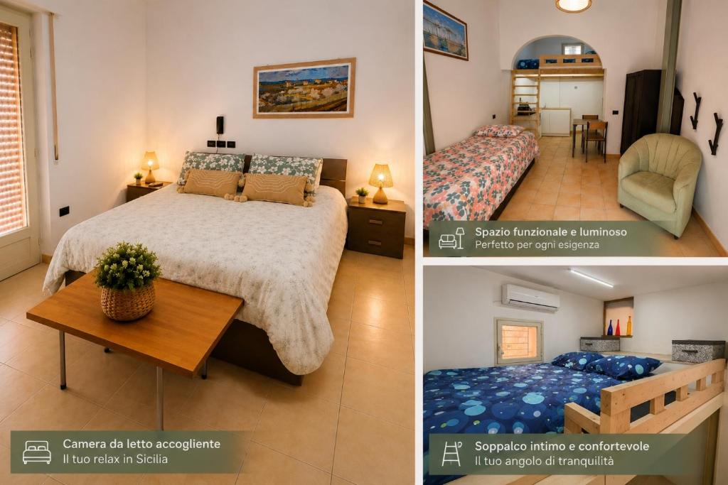 two pictures of a bedroom with a bed and a living room at Casa sole Sicilia in Alcamo