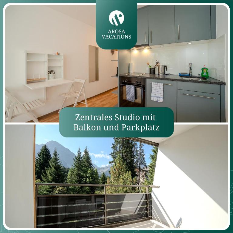 a collage of photos with a kitchen and a balcony at Alexandra 120 by Arosa Vacations, Renoviertes Studio mit Bergblick & Parking im Zentrum in Arosa
