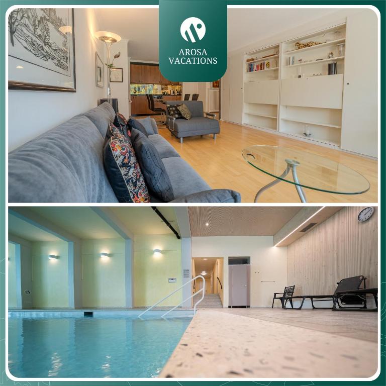 two pictures of a living room and a house at Irmella 39 by Arosa Vacations, mit Pool & Sauna in Arosa