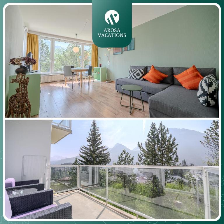 a living room with a couch and a room with a window at Viktoria A12 by Arosa Vacations, Renoviertes App mit Bergblick im Zentrum in Arosa