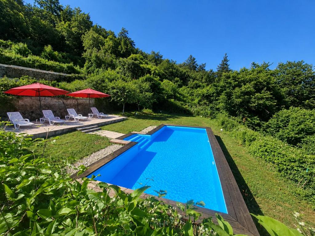 a swimming pool in a yard with chairs and umbrellas at Villa Felix with spectacular pool in green oasis in Opatija