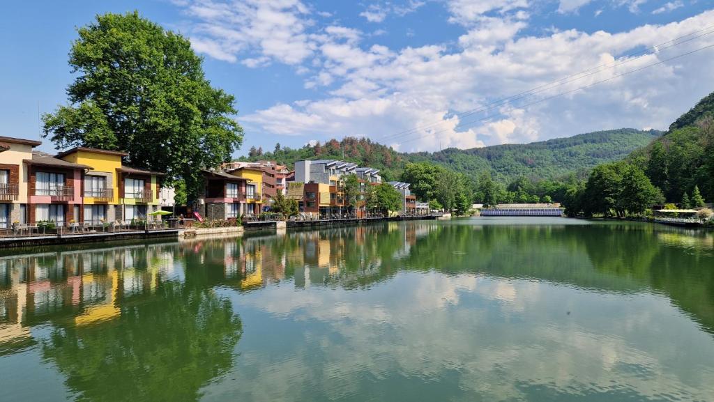 a river in a town with houses and buildings at Waterside Houses in Ognyanovo