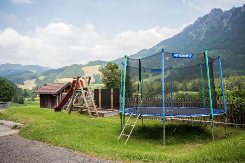 a playground with a trampoline in the grass at Bergbauernhof Haug in Bad Hindelang