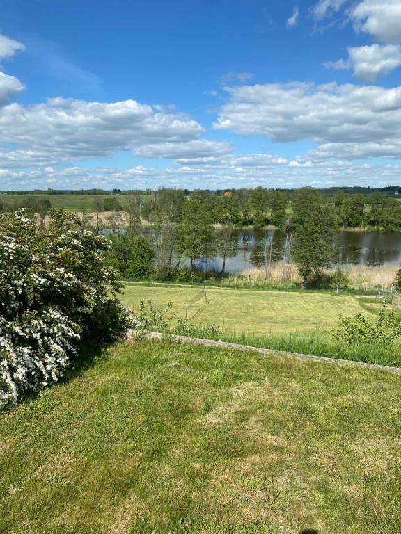 a field of grass with a lake in the background at Agroturystyka Matłak in Matłak