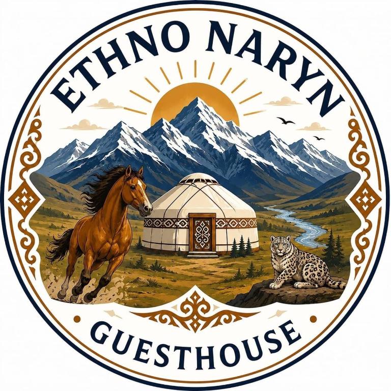 a stamp with a horse and a cat and mountains at Ethno Naryn Guest House in Naryn