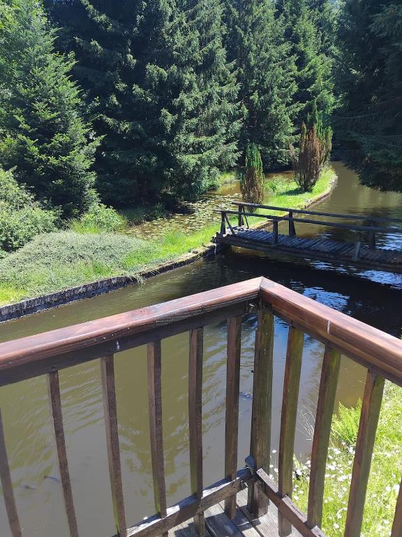 a view of a river from a wooden bridge at Petit cocon connecté à la nature ! in Pouxeux