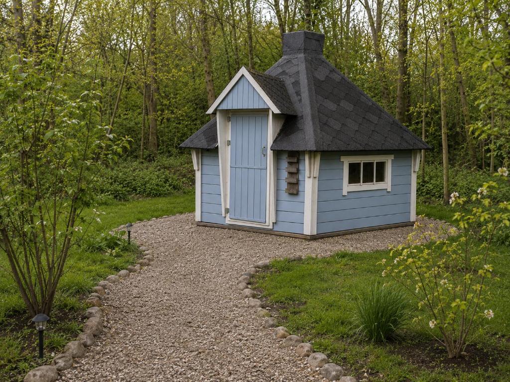 ein kleines blaues Gebäude mit Dach in einem Garten in der Unterkunft Tinyhouse De Einder in Pieterburen
