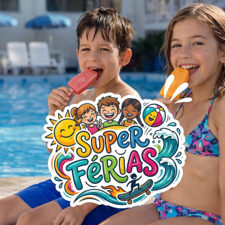 a boy and a girl eating ice cream at a pool at Atibaia Residence Hotel & Resort in Atibaia