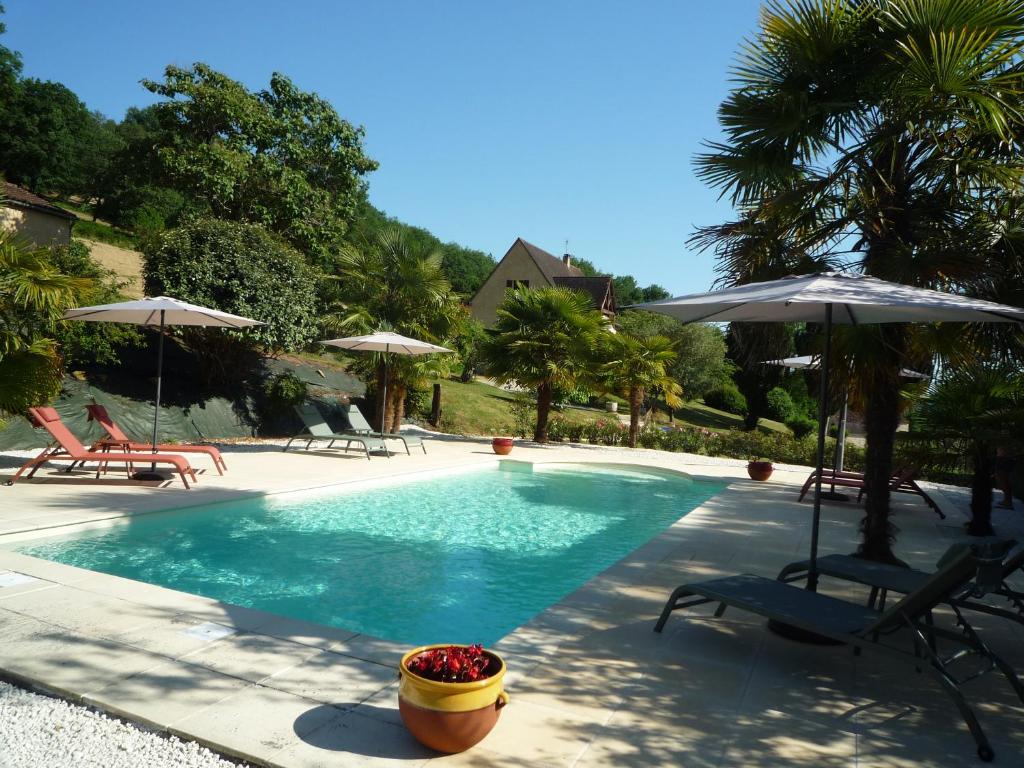a swimming pool with chairs and umbrellas at Maison du Pech in Carlux