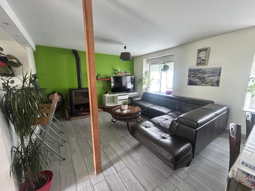 a living room with a black leather couch and green walls at Maison avec jardin in Crozon