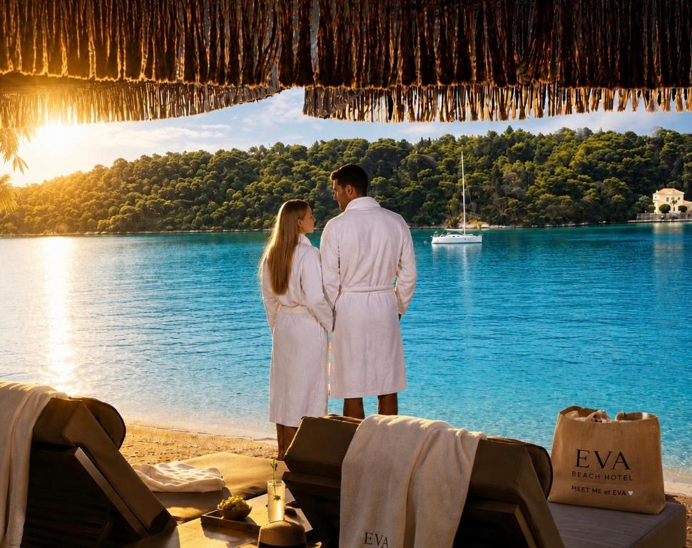 Ein Mann und eine Frau stehen an einem Strand in der Nähe des Wassers in der Unterkunft Eva Beach Hotel Lefkada in Nydri