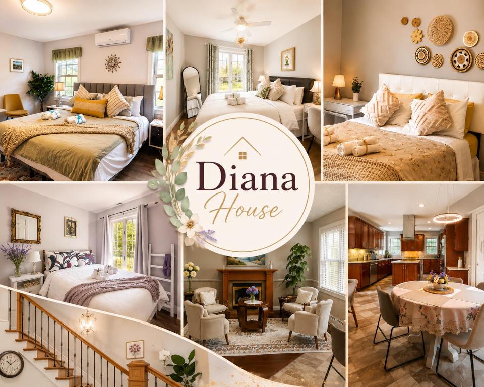 a collage of photos of a bedroom and a dharma house at Diana House in Charlottetown