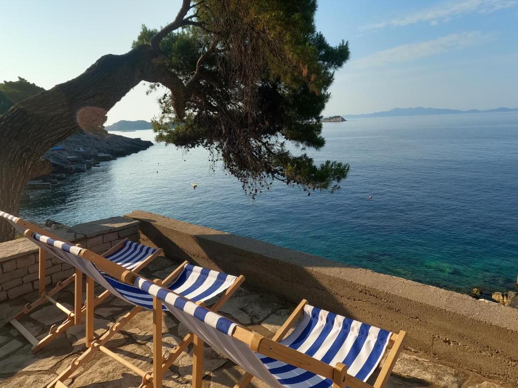 two lawn chairs sitting on a beach near the water at Seaside Apartments Sunny Prižba in Blato